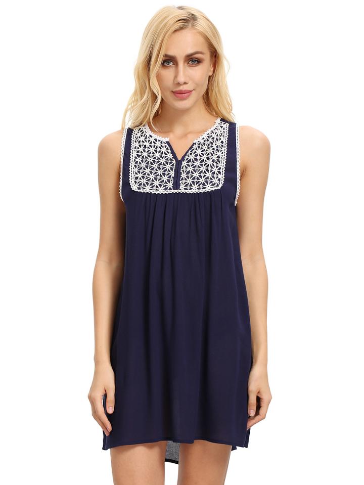 Shein Deep Blue House Sleeveless Embroidered Dress