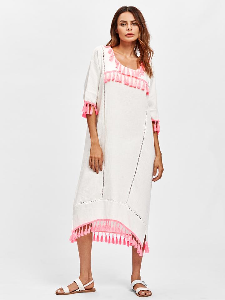 Shein Contrast Tassel Trim Hollow Lace Panel Dress