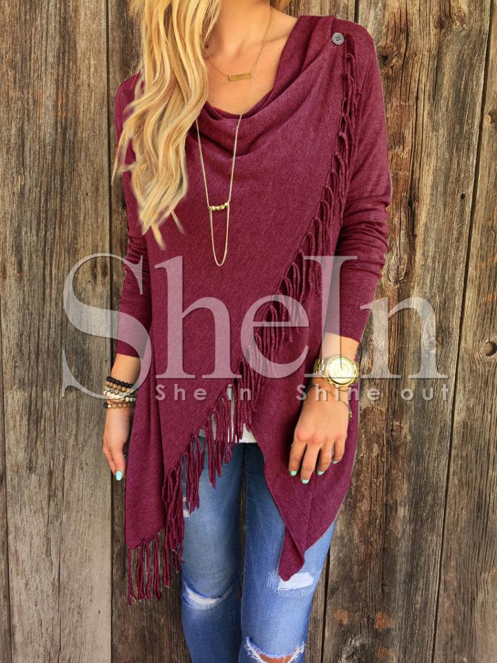 Shein Burgundy Cowl Neck Wrap Front Fringe Sweater