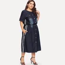 Shein Plus Tie Neck Striped Split Denim Dress