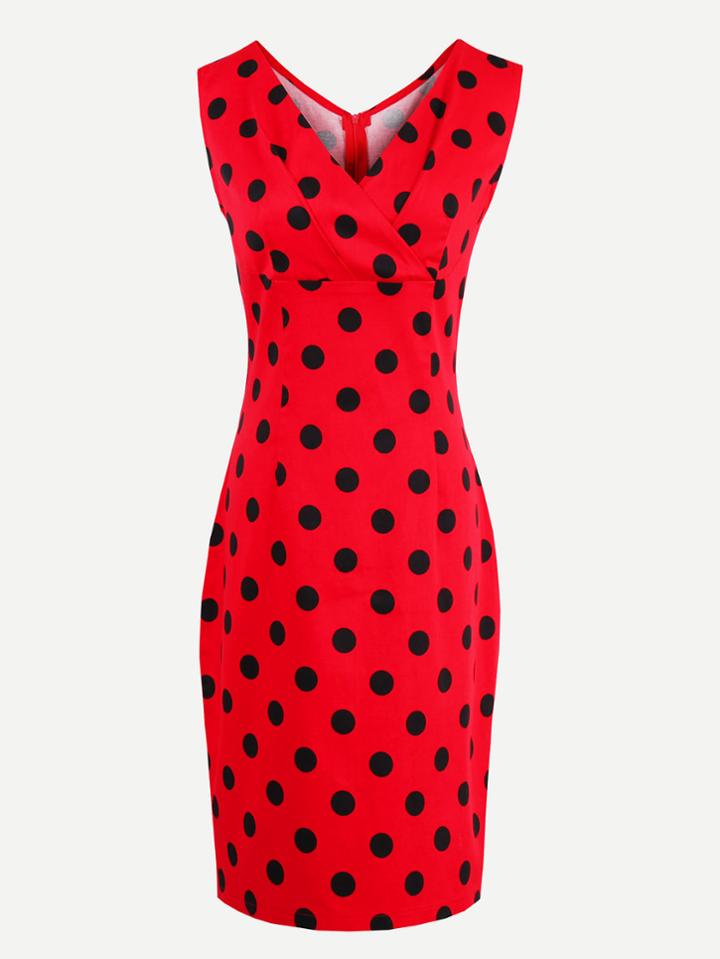Shein Polka Dot Surplice Neckline Slit Back Slim Dress