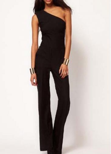 Rosewe Solid Black One Shoulder Ankle Length Jumpsuit For Woman