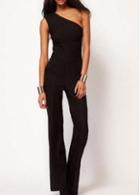 Rosewe Solid Black One Shoulder Ankle Length Jumpsuit For Woman
