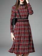 Shein Burgundy Plaid Beading A-line Dress