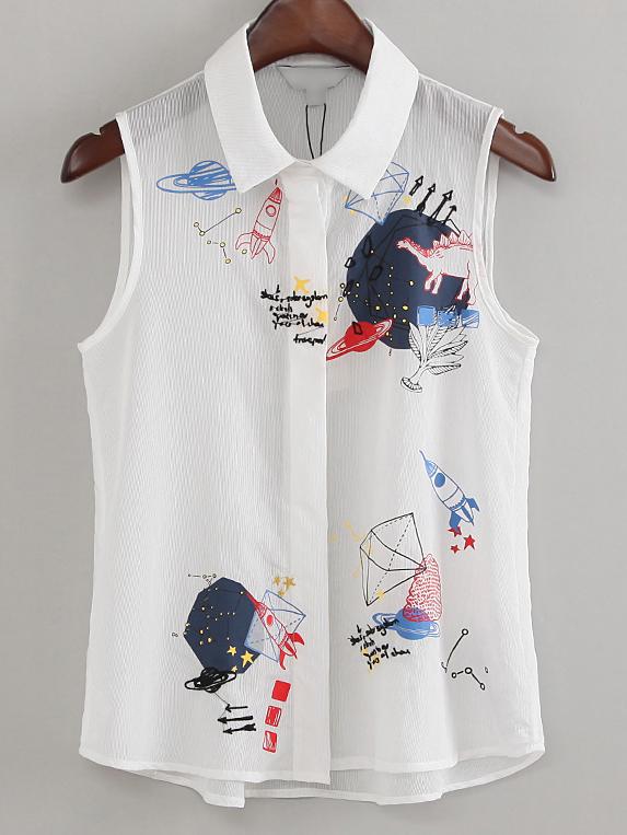 Shein White Sleeveless Button Printed Sheer Blouse
