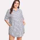 Shein Plus Vertical-striped Curved Hem Shirt Dress