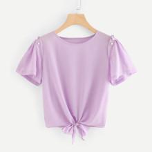Shein Pearls Detail Knot Hem Tee