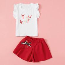 Shein Girls Frill Trim Stereo Flowers Tee With Shorts