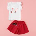 Shein Girls Frill Trim Stereo Flowers Tee With Shorts
