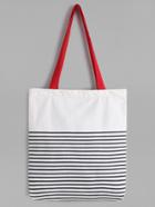 Shein White Striped Canvas Tote Bag With Red Strap