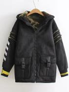 Shein Black Printed Seam Hooded Suede Coat With Pocket