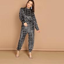Shein Plus Mock-neck Grid Velvet Top And Pants Set