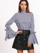 Shein Navy Gingham Cutout Neck Bow Tie Bell Sleeve Blouse