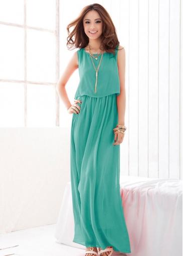Rosewe Sleeveless Elastic Waist Green Maxi Dress