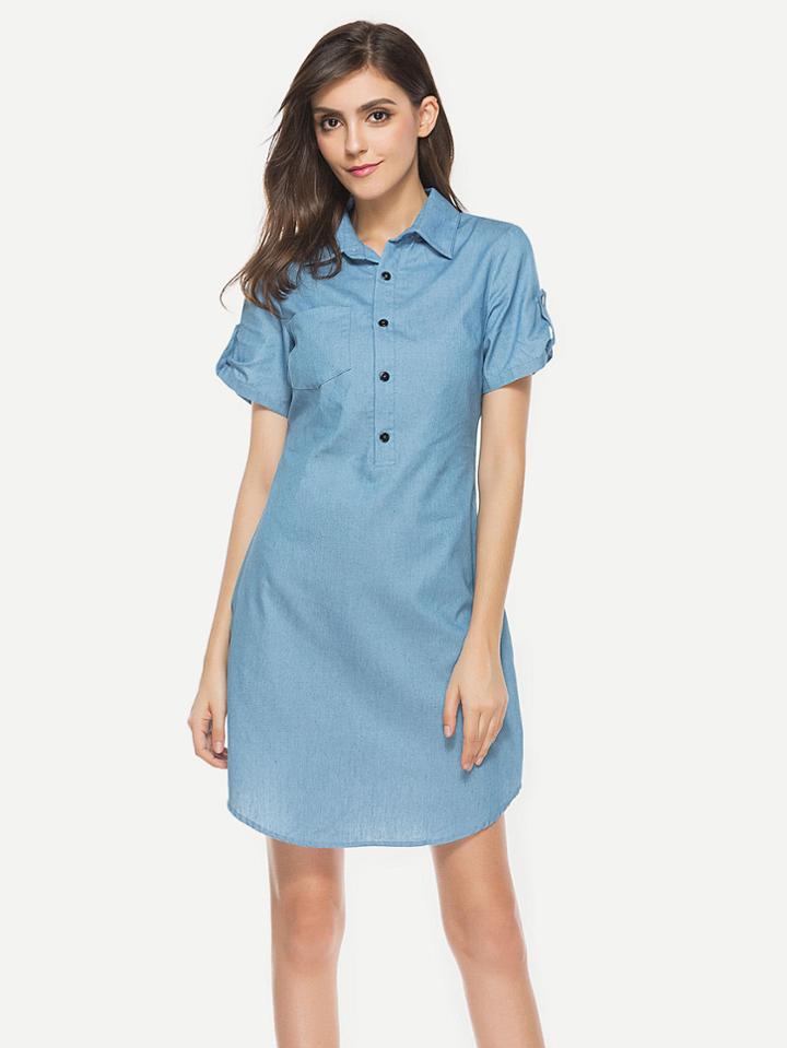 Shein Curved Hem Chambray Shirt Dress