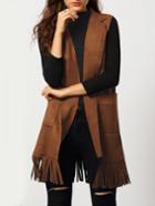 Shein Khaki Lapel Sleeveless Tassel Vest