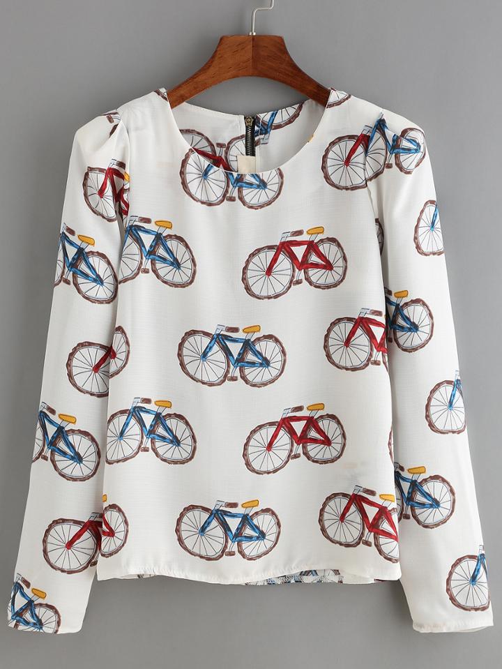 Shein Multicolor Crew Neck Bicycle Print Blouse
