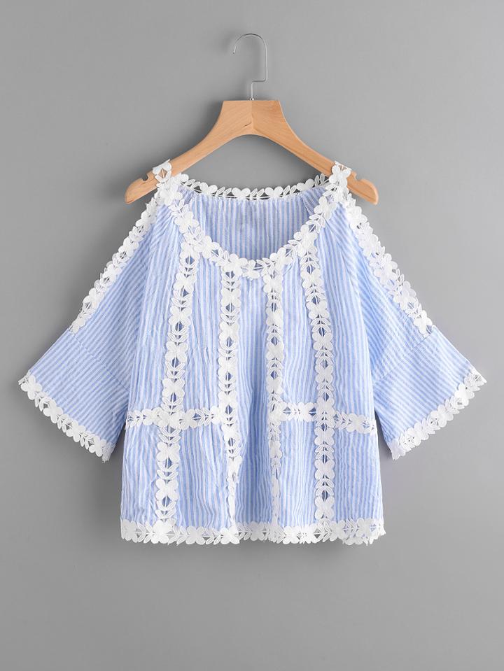 Shein Vertical Striped Lace Panel Open Shoulder Blouse