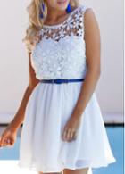 Rosewe White Lace Patchwork Sleeveless Open Back Skater Dress