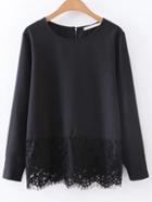 Shein Black Contrast Lace Hem Chiffon Blouse