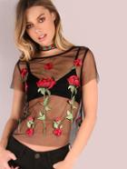Shein Black Rose Embroidered Cover Up Mesh Top