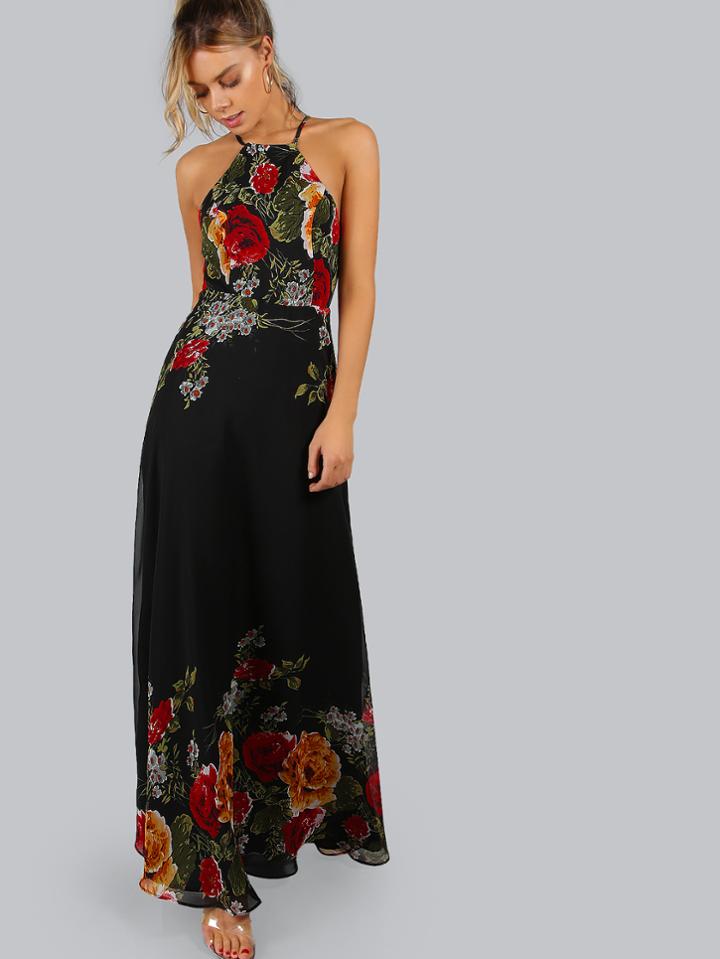Shein Black Flower Print Halter Neck Open Back Maxi Dress