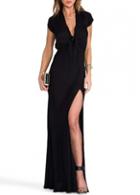 Rosewe Elegant Slit Design Cap Sleeve Black Maxi Dress