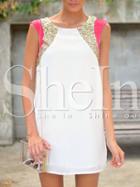 Shein White Sleeveless Color Block Sequined Shift Dress
