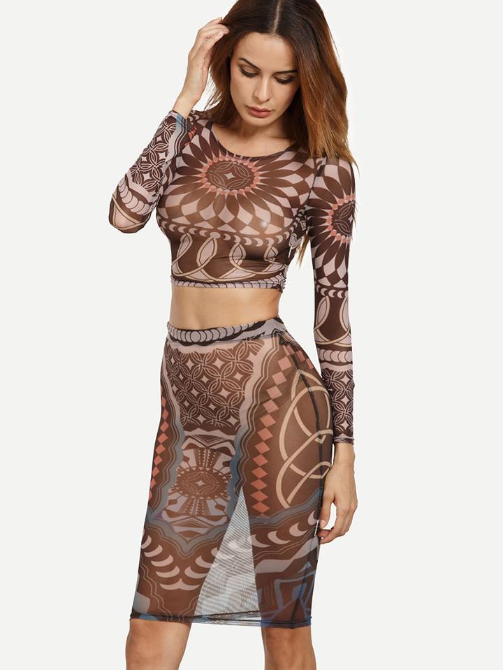 Shein Multicolor Print Long Sleeve Crop Top With Skirt