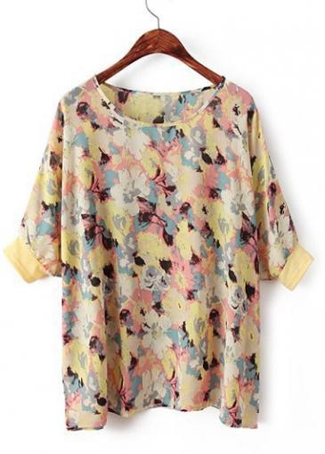 Rosewe Vintage Half Sleeve Round Neck Printed Chiffon T Shirts