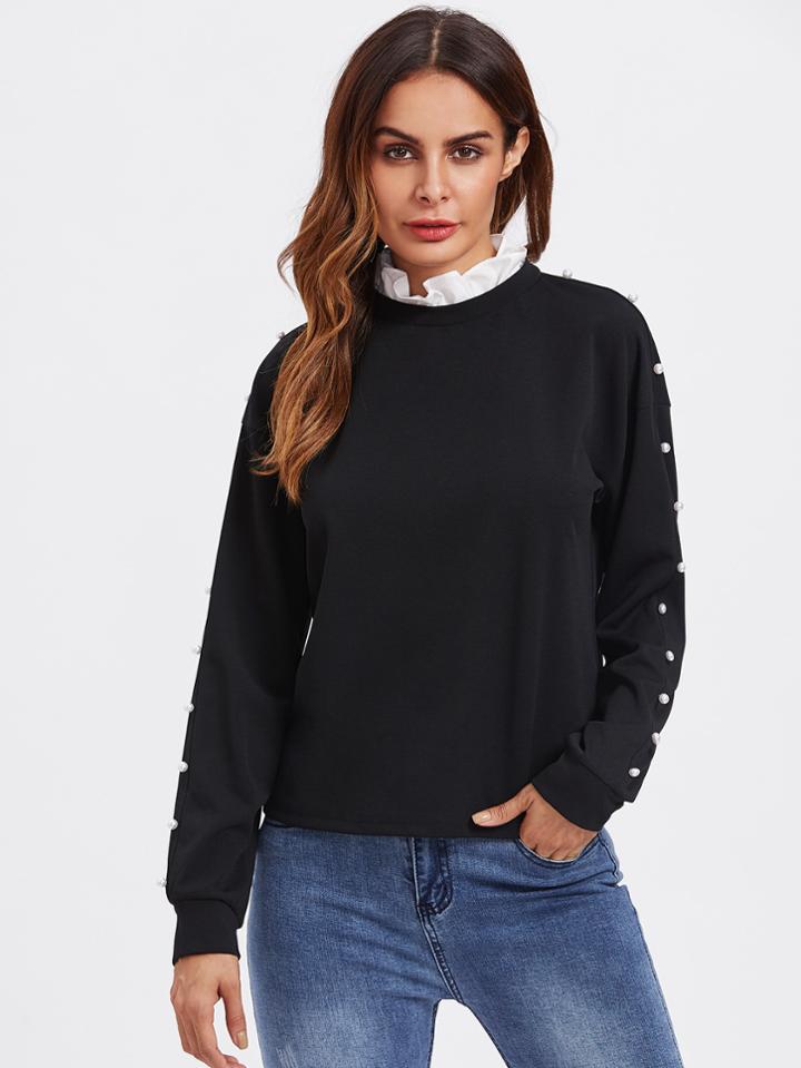 Shein Contrast Ruffle Neck Pearl Embellished Sweatshirt
