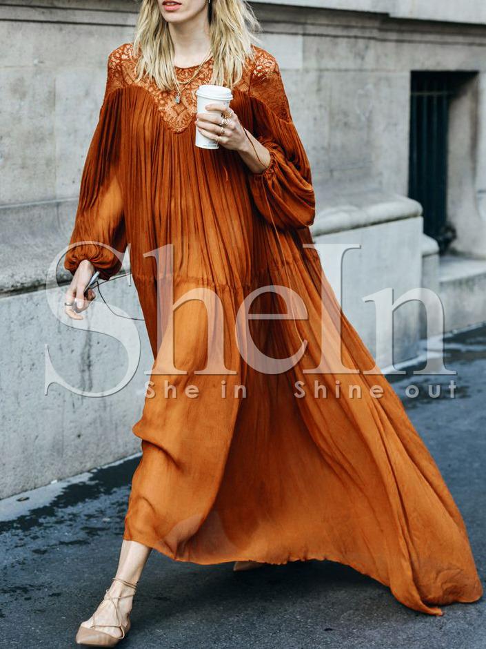 Shein Orange Long Sleeve With Lace High Low Dress