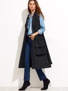 Shein Black Belted Sleeveless Wool Blend Coat With Oversized Pocket
