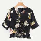 Shein Florals Drawstring Front Ruffle Blouse