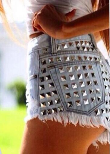 Rosewe Rivet Embellished Light Blue Cutting Shorts