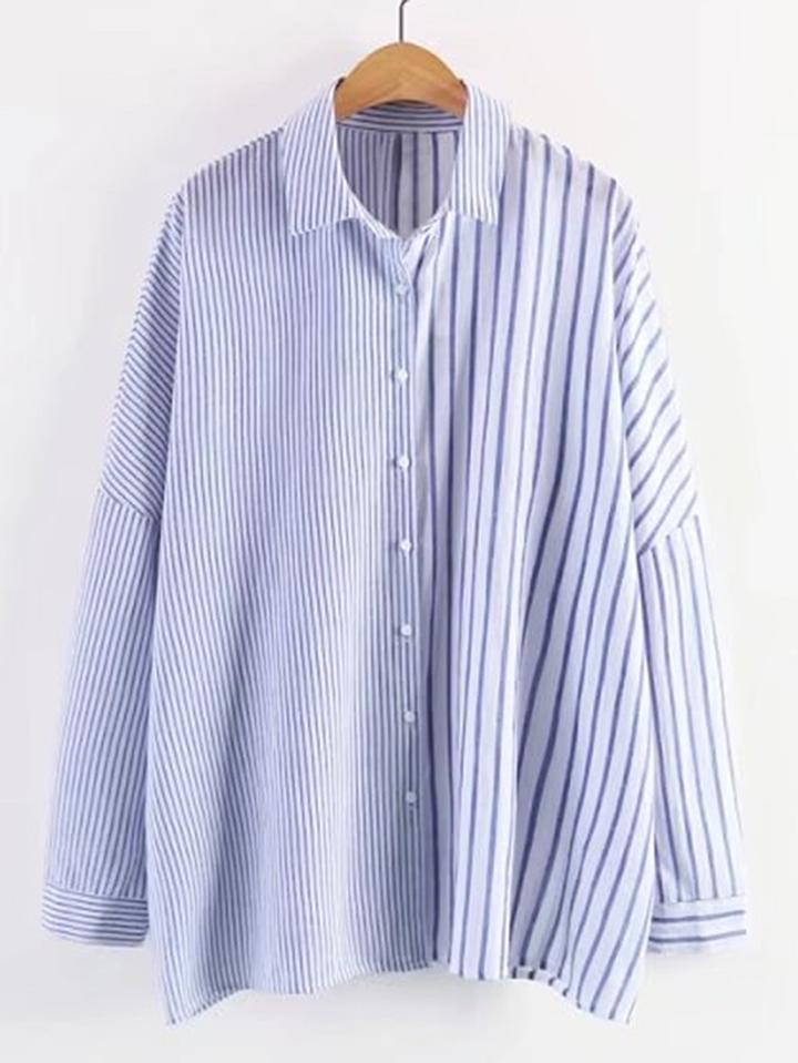Shein Contrast Vertical Striped Drop Shoulder Seam Blouse
