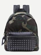 Shein Olive Green Camo Print Studded Canvas Backpack