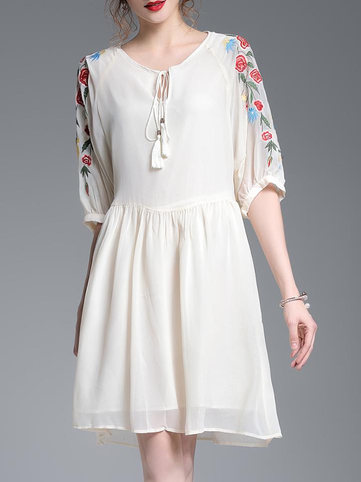 Shein Tie Neck Flowers Embroidered Dress
