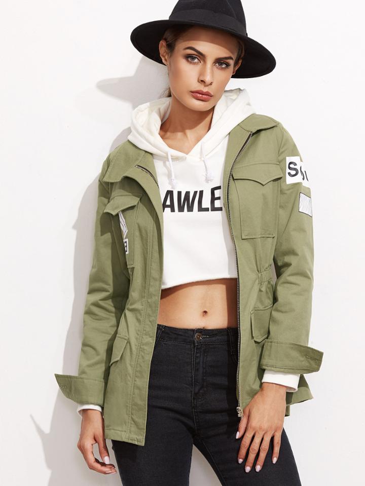 Shein Olive Green Letter Print Elastic Waist Utility Jacket