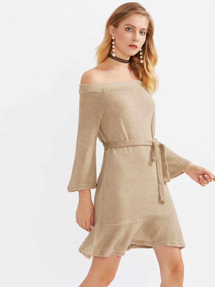 Shein Bardot Self Tie Frill Hem Knit Dress
