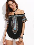 Shein Print Bardot Neckline Asymmetrical Blouse