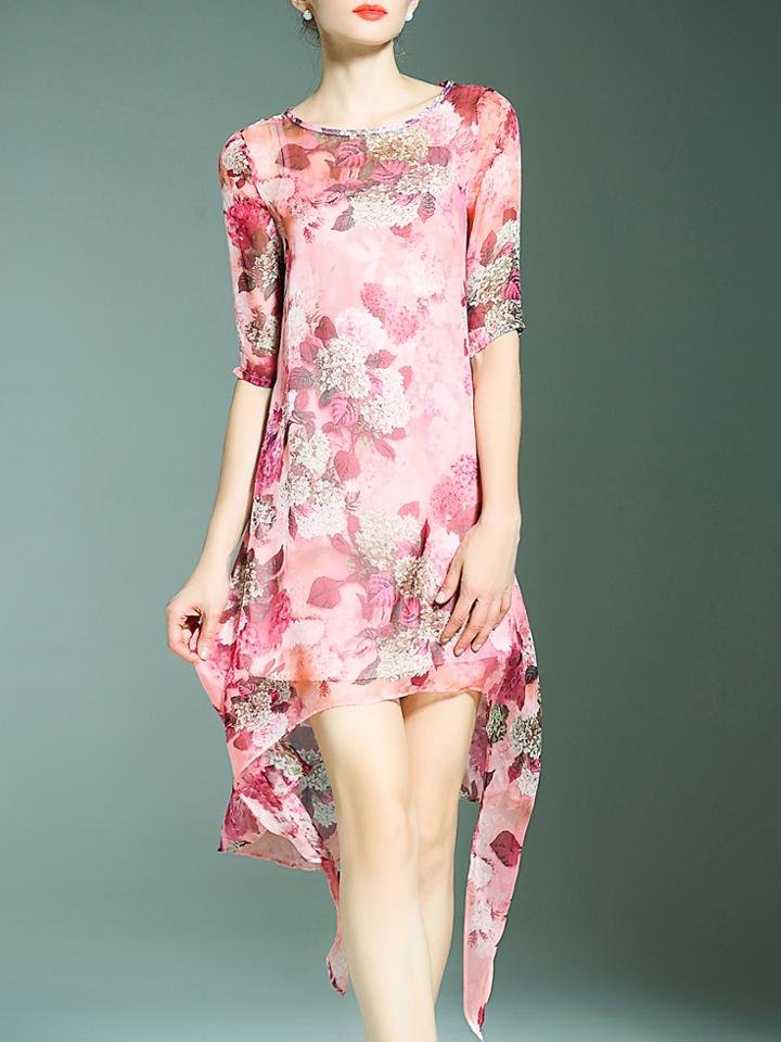Shein Pink Crew Neck Floral High Low Dress