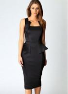 Rosewe Formal Solid Black Shirred Waist Peplum Dress For Work