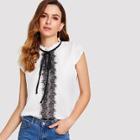 Shein Frill Neck Contrast Lace Applique Top