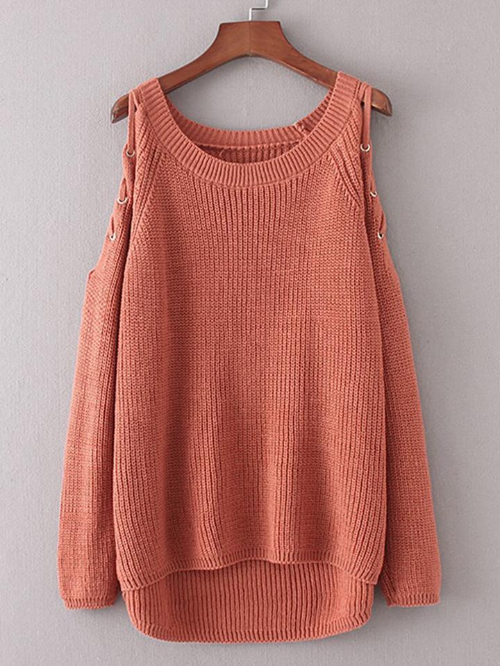 Shein Lace Up Shoulder Dip Hem Sweater