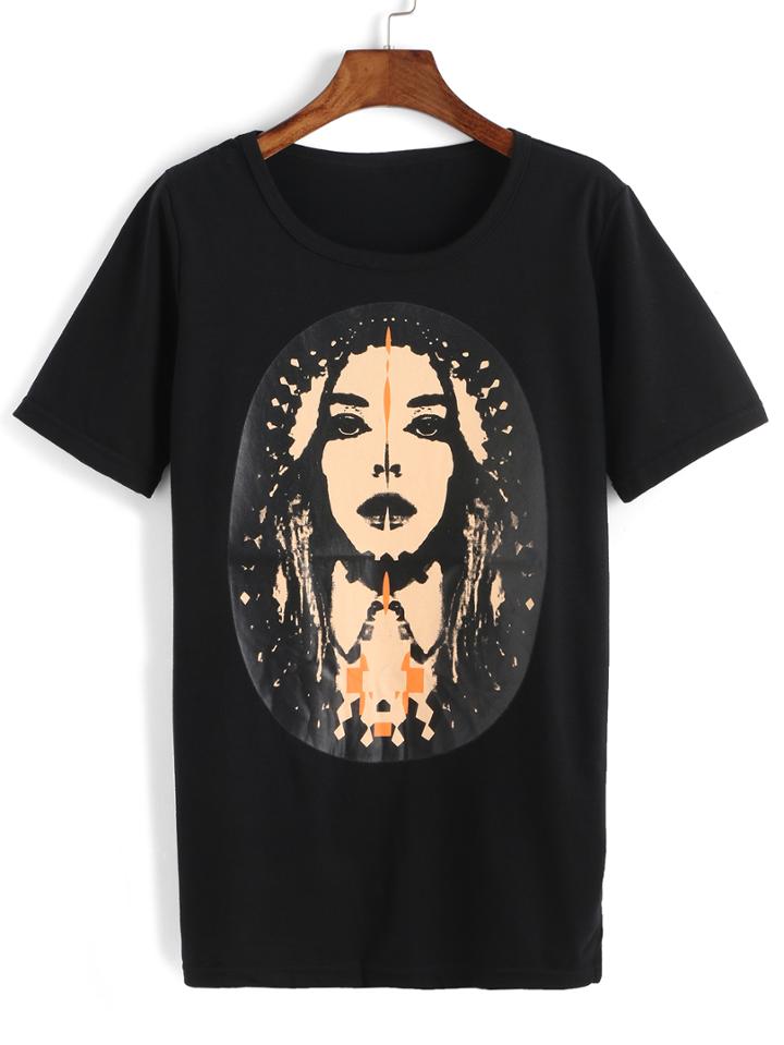 Shein Portrait Print Black T-shirt