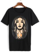 Shein Portrait Print Black T-shirt