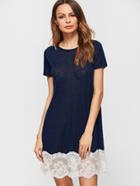 Shein Navy Contrast Floral Lace Trim Tee Dress