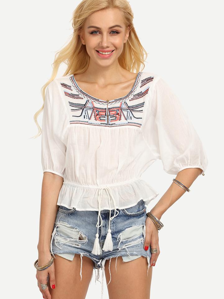 Shein Embroidered Drawstring Puplum Peasant Blouse - White