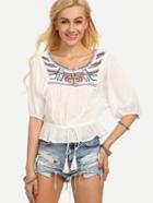 Shein Embroidered Drawstring Puplum Peasant Blouse - White